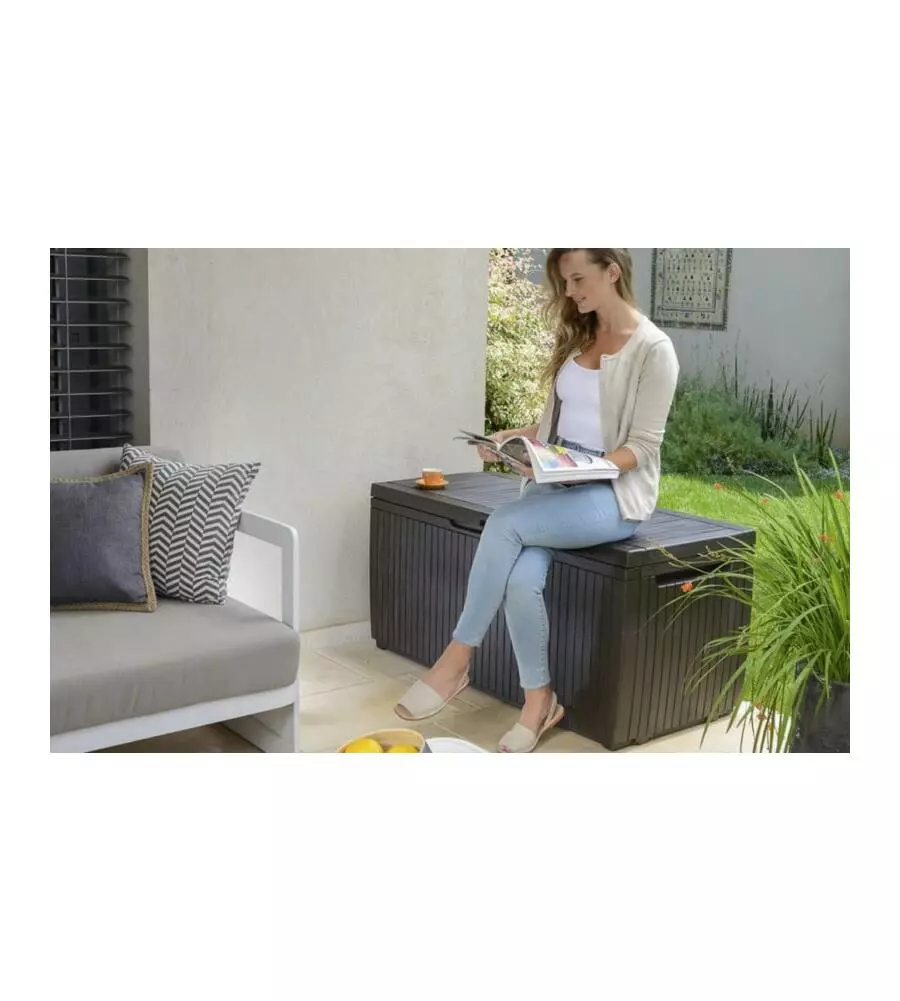 Baule da esterno keter "springwood" in resina marrone effetto legno 305 lt 123x54x57 cm